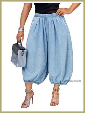 Barrel Leg Cropped Jeans High Rise Loose Denim Trousers Pull On Pockets